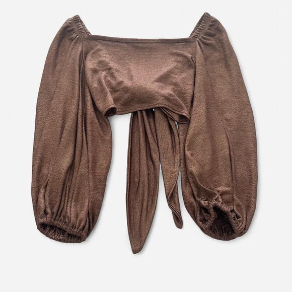 Blue Life x Revolve Bronze Metallic Fairycore Peasant Tie-Front Top – Boho M - Picture 4 of 5